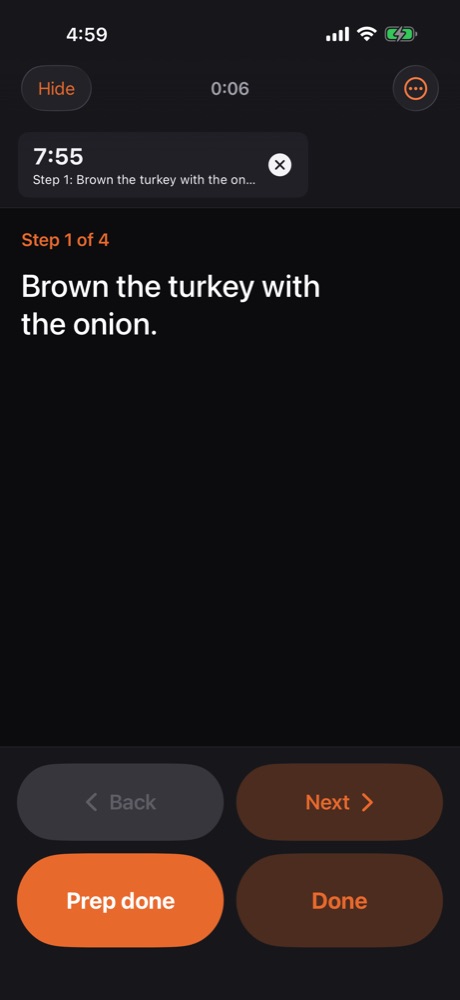 Cook mode: step 1 of 4, brown the turkey with the onion, with a timer counting down.