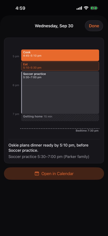 Wednesday's evening: cook 4:45 to 5:10, eat 5:10 to 5:30, soccer practice 5:30 to 7:00, bedtime 7:30.